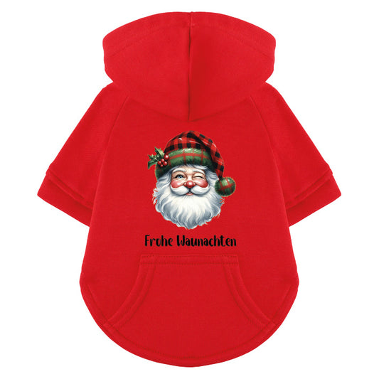 Roter Hunde-Hoodie mit Nikolaus-Gesicht auf dem Rücken aus 100 % Baumwolle – festlicher Weihnachts-Hoodie für Hunde