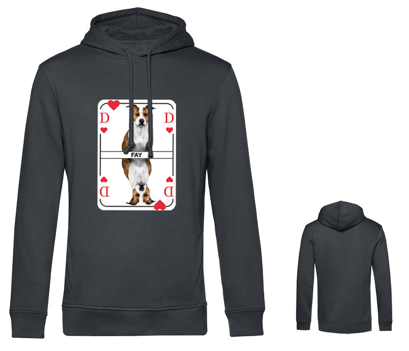 Dunkelgrauer Herren Hoodie mit Herzdame Spielkarten Motiv auf der Brust, individuell personalisierbar mit Foto des eigenen Hundes,  lässiger Hoodie für Männer mi Hund. 