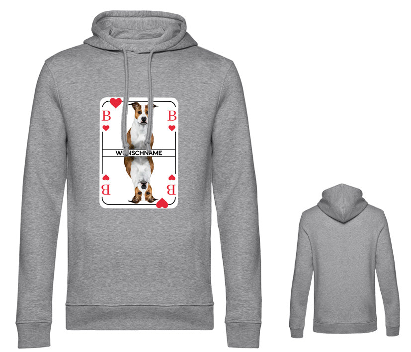 Hellgrauer Herren Hoodie mit Herzbube-Spielkartenmotiv auf der Brust, personalisierbar mit Bild und Namen – gemütlicher Kapuzenpullover für Männer.