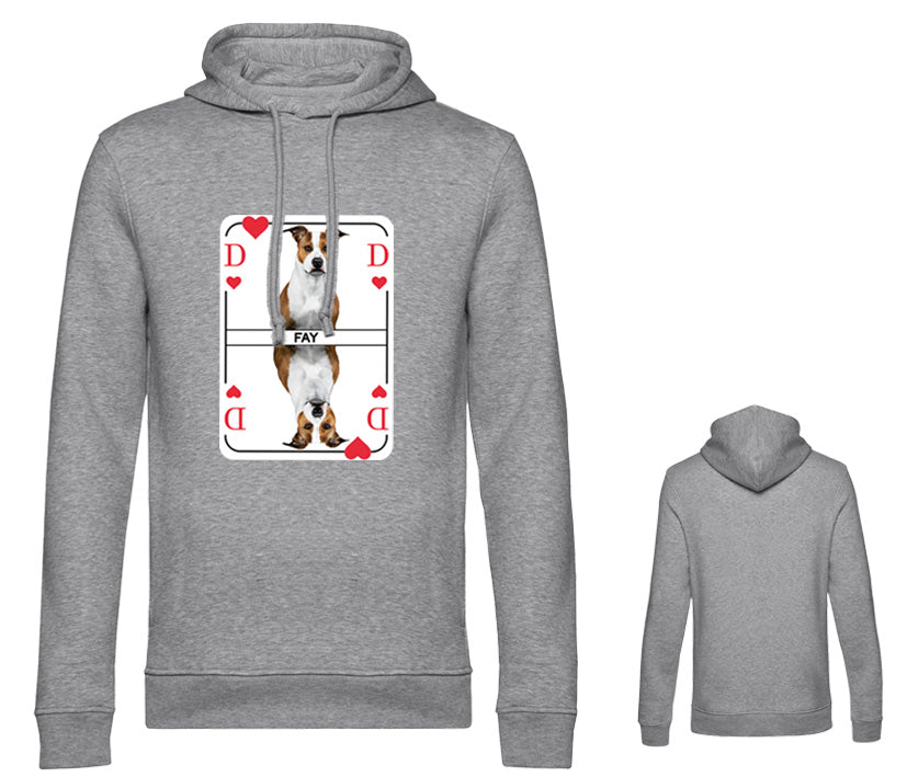 Hellgrauer Herren Hoodie Herzdame mit personalisiertem Hundebild, weicher Baumwollstoff, maskuliner Schnitt, markantes Design für Hundebesitzer und Geschenkidee für Hundeliebhaber.