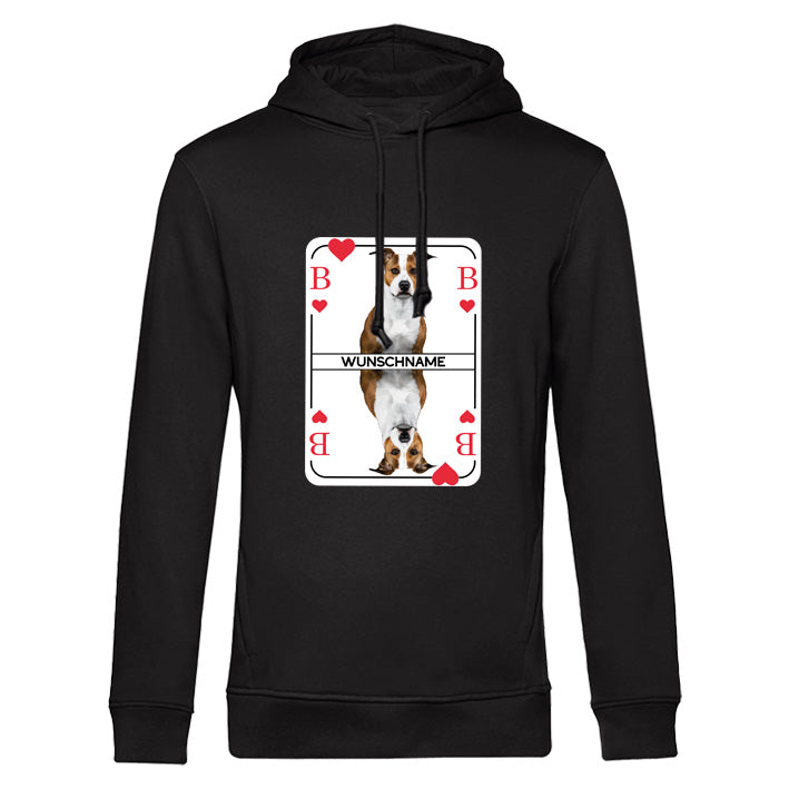 Schwarzer Herren Hoodie mit Herzbube Motiv auf der Brust, individuell personalisierbar mit Hundebild und Name –  Statement für Hundebesitzer.