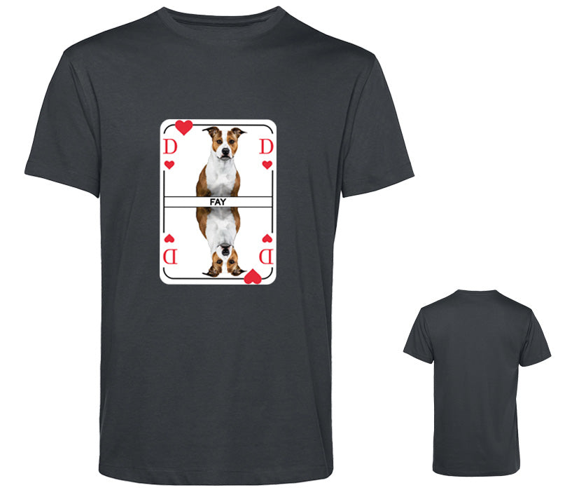 Dunkelgraues Herren T-Shirt mit Herzdame Spielkarten Motiv auf der Brust.  Personalisierbar mit Hundebild als Herzdame. 