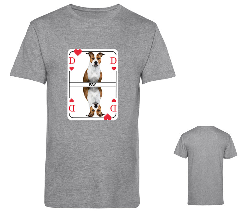 Hellgraues Herren T-Shirt mit Herzdame Spielkartenmotiv auf der Brust.  Personalisierbar mit eigenem Hundebild als Herzdame.