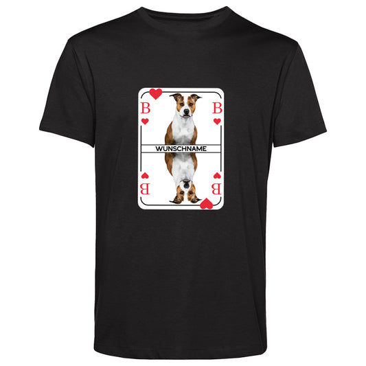 Schwarzes Herren T-Shirt mit Herzbube-Spielkarte auf der Brust, individuell personalisierbar mit Foto und Namen des eigenen Hundes – markantes Statement für Hundebesitzer