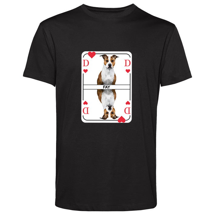 Individuelles Herren T-Shirt in schwarz – Herzdame Spielkarten Motiv auf der Brust, Foto vom Hund als Herzdame, personalisierbar