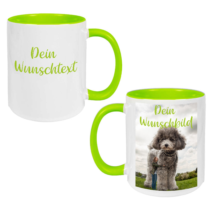 Personalisierbare Tasse mit hellgrünem Innenbereich und weißer Außenseite – mit Wunschtext und Foto vom Haustier bedruckbar