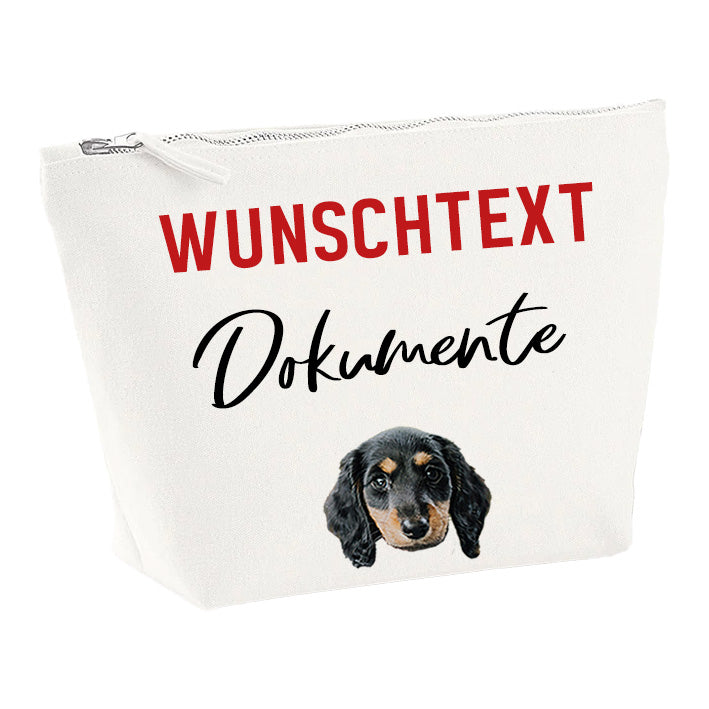 Weiße Dokumententasche für Hundeunterlagen, personalisierbar mit Hundeportrait und Wunschname, ideal für Impfpass und Papiere